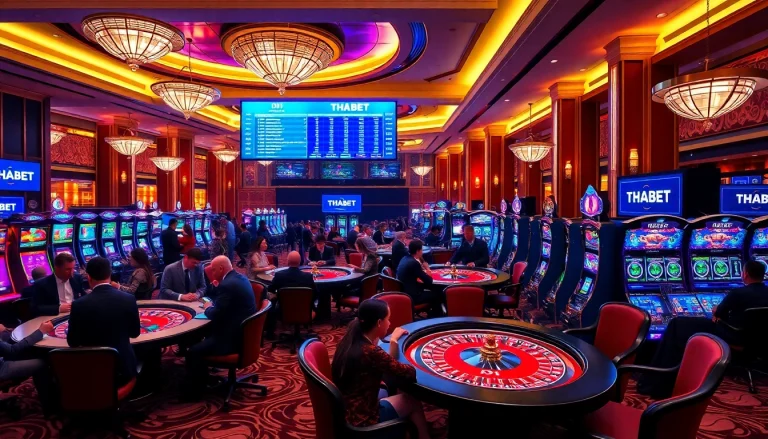 Players enjoying a vibrant casino experience at THABET with poker tables and slot machines.