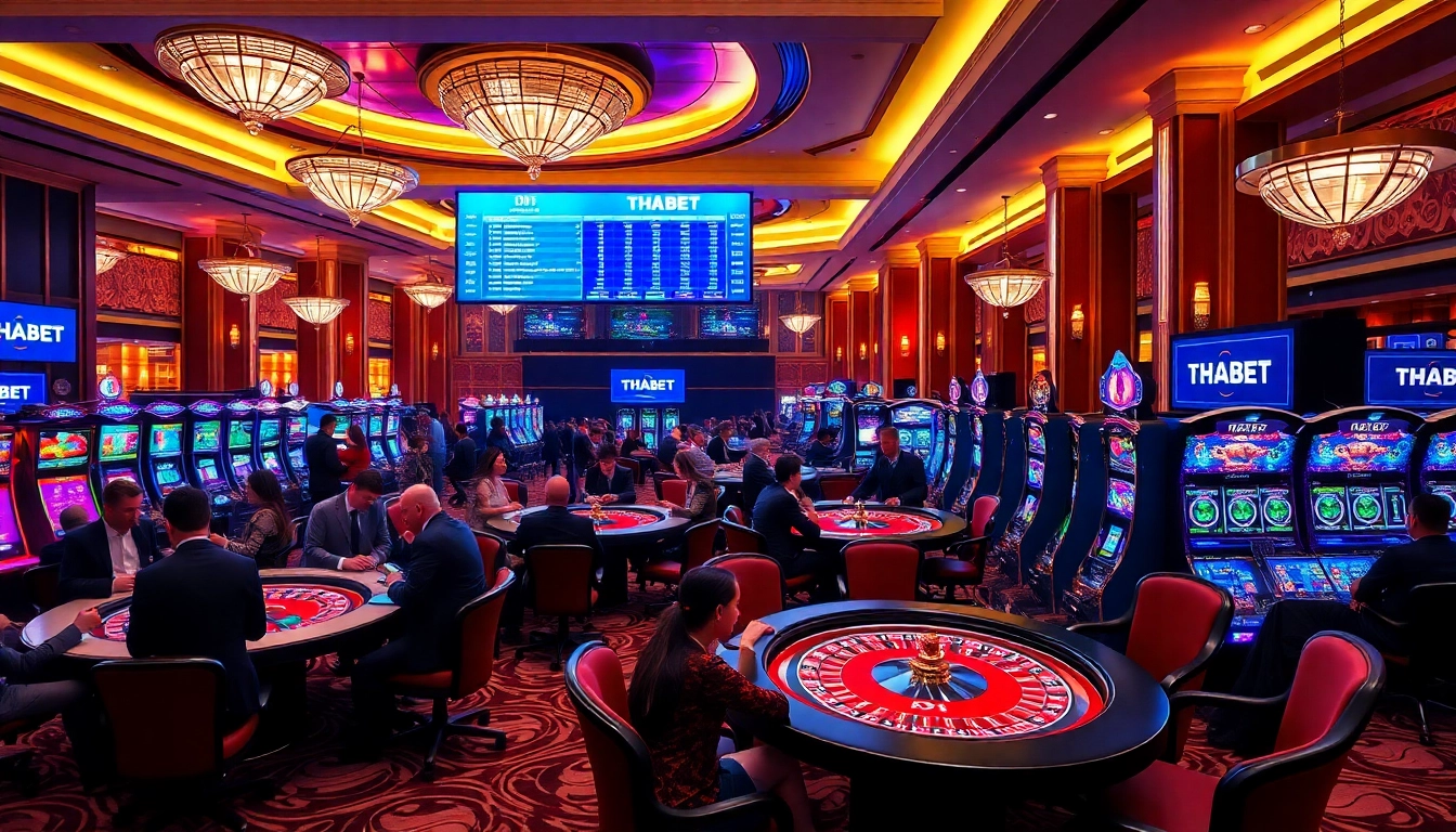 Players enjoying a vibrant casino experience at THABET with poker tables and slot machines.
