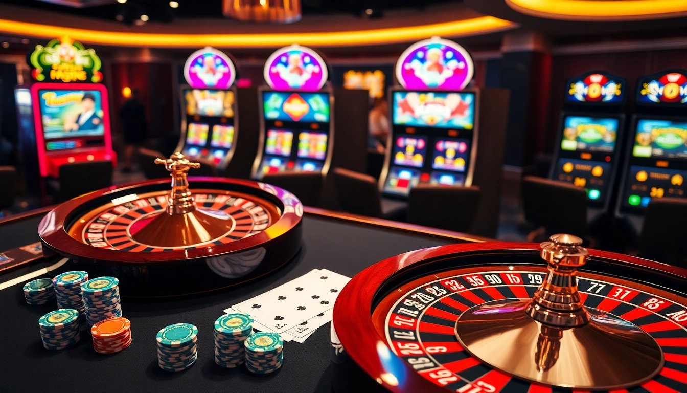 Engaging scene of 32win's vibrant gaming atmosphere with roulette wheel and slot machines.