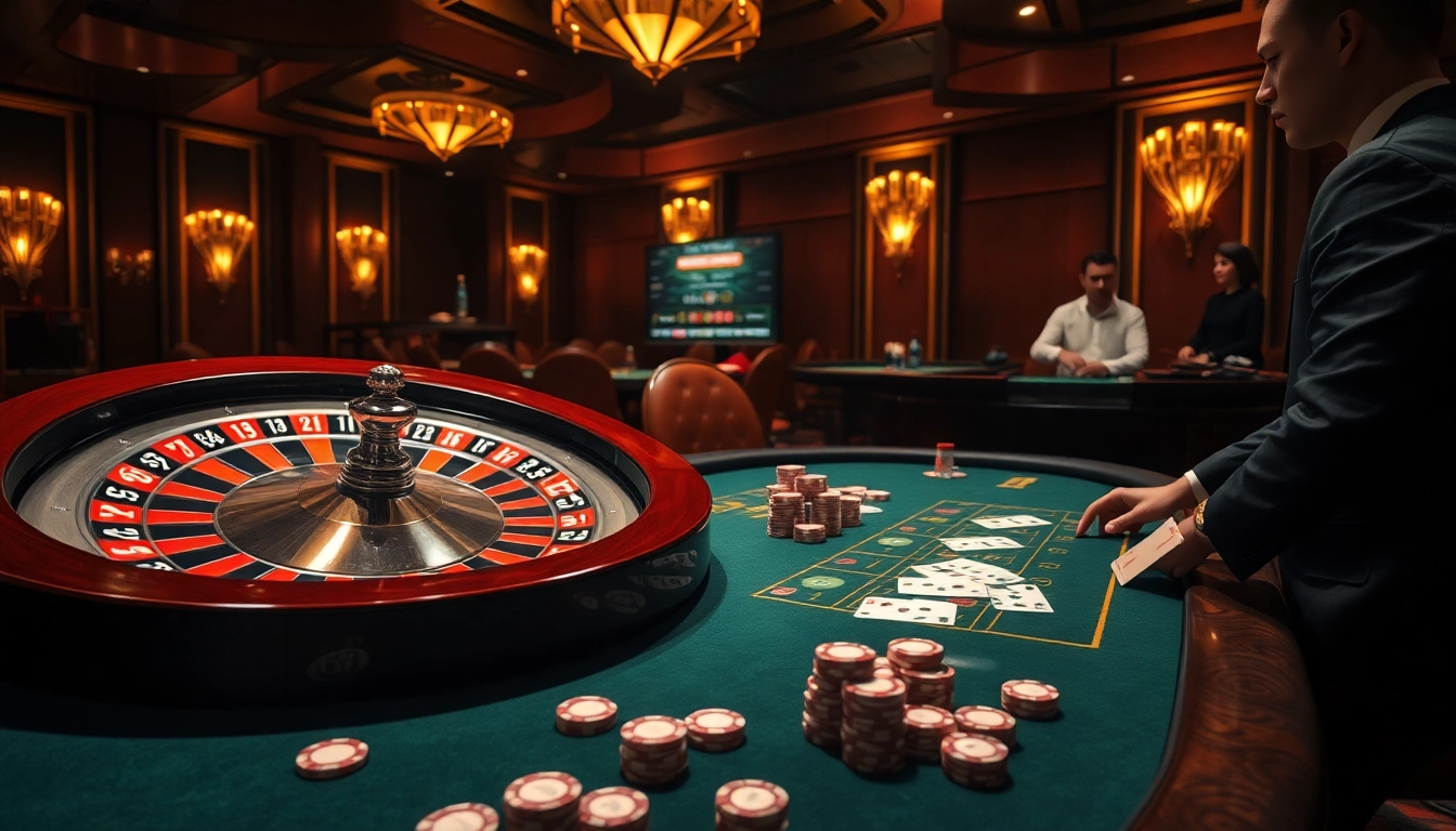 Thrilling casino atmosphere with THABET branding featuring roulette and poker for high-stakes players.