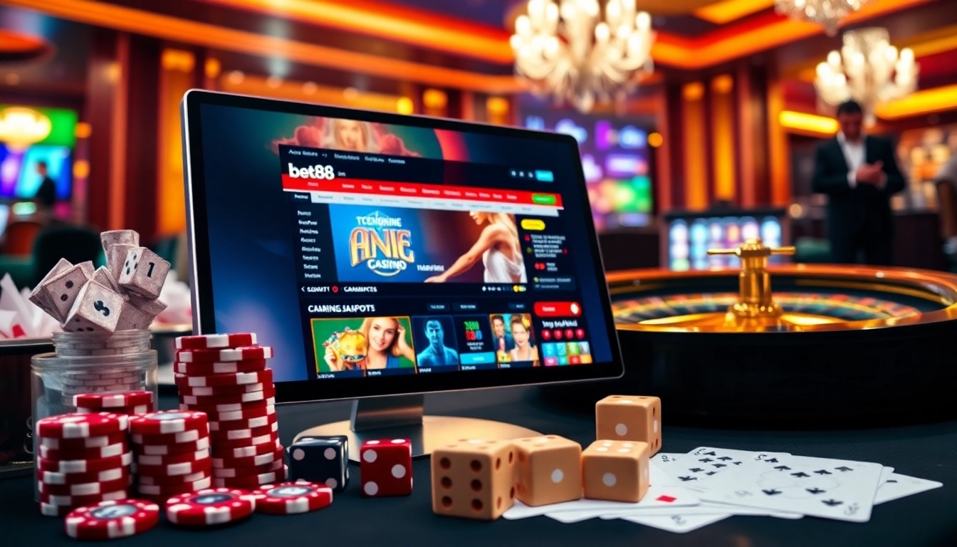 Experience the excitement of betting at bet88 with vibrant casino elements like poker chips and dice.