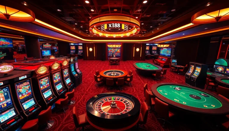 Engage with the vibrant atmosphere of XX88, featuring slot machines, a roulette wheel, and excited players.