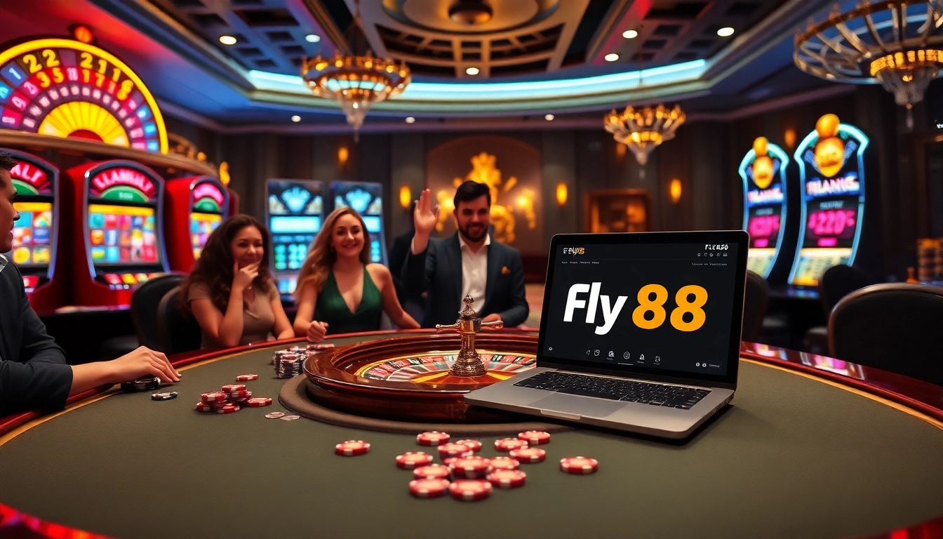 Players enjoying high-stakes games at Fly88's luxurious casino setting with vibrant slot machines.