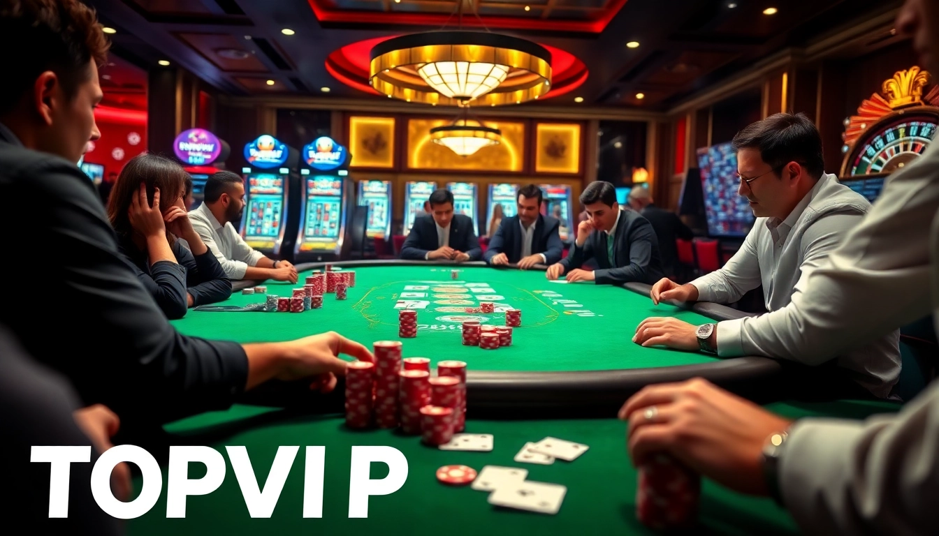 Experience the thrill of casino games at TOPVIP, featuring vibrant tables and excited players.