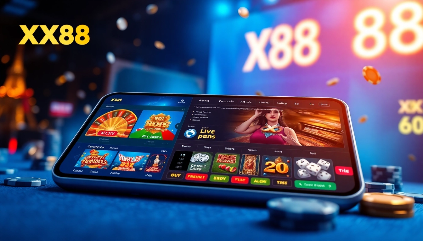Exciting XX88 online gambling interface showcasing diverse games and a luxurious digital experience.