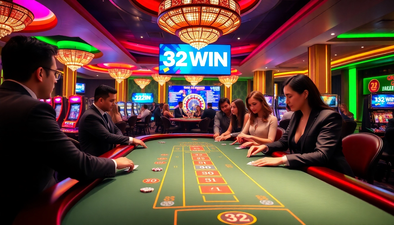 Players celebrating their wins at a bustling 32WIN casino table with live dealers and games.