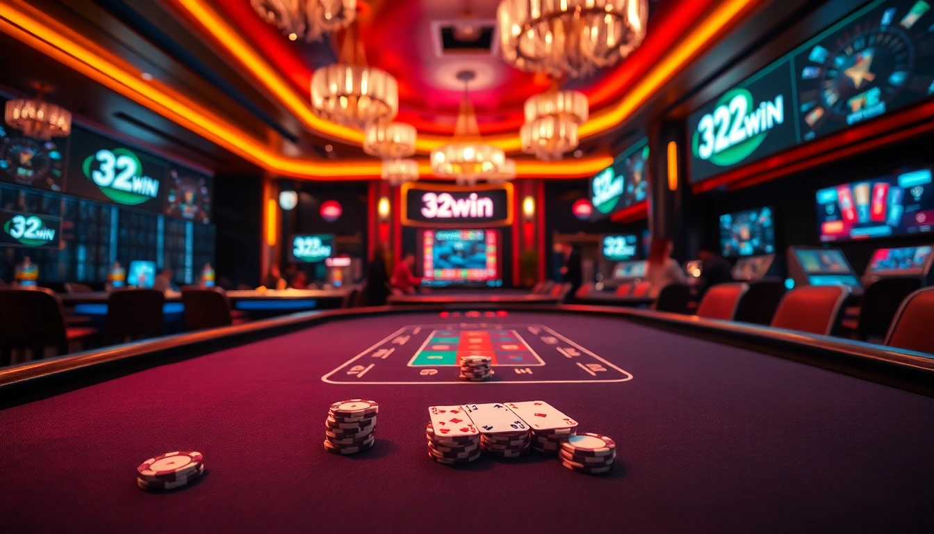 Experience thrilling gameplay with 32win at a vibrant casino table filled with chips and cards.