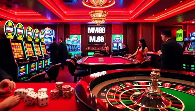 Players enjoy a thrilling gambling experience at MM 88, featuring vibrant slot machines and poker tables.