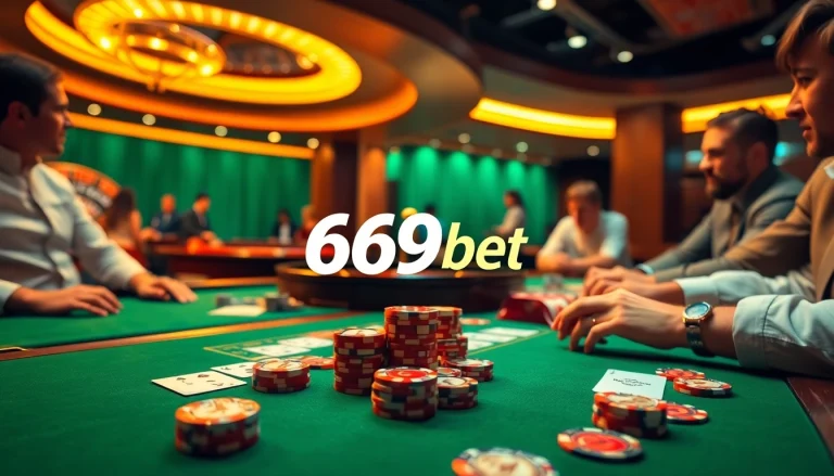 Exciting poker game at 669bet with chips and cards, showcasing high-stakes gambling atmosphere.