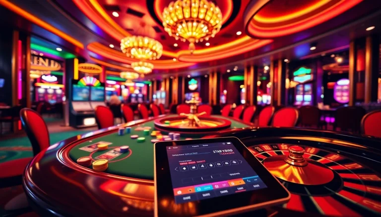 Exciting casino scene showcasing Vmax gaming with vibrant poker chips and roulette wheel.