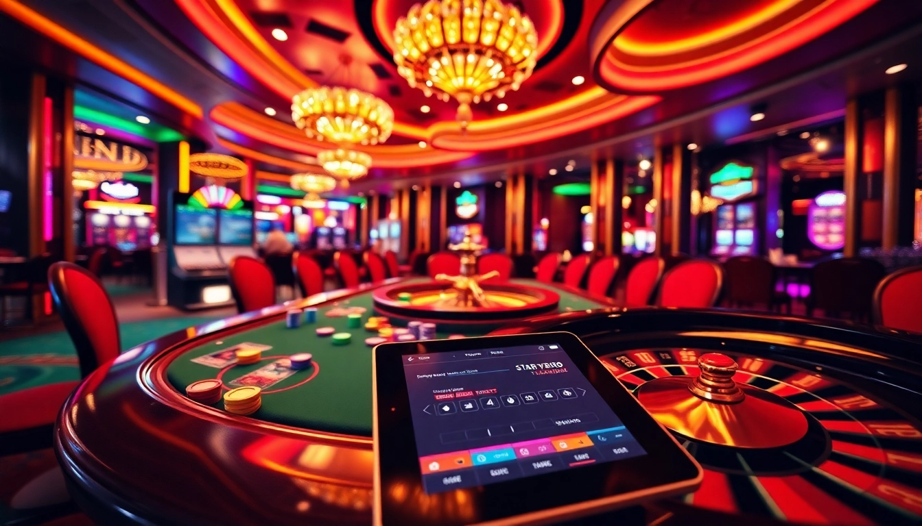 Exciting casino scene showcasing Vmax gaming with vibrant poker chips and roulette wheel.