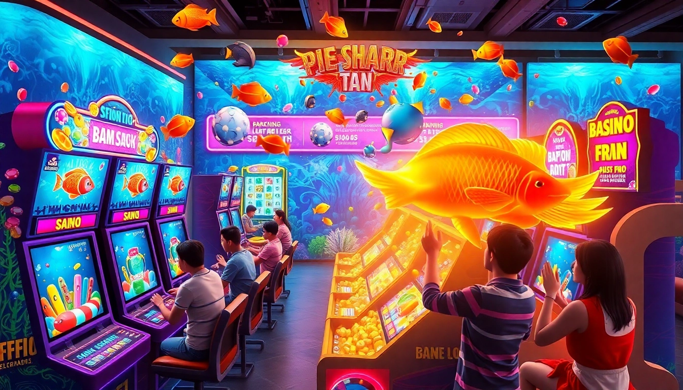 Bắn cá đổi thưởng players engaged in an exciting fish-shooting game at a vibrant casino table.