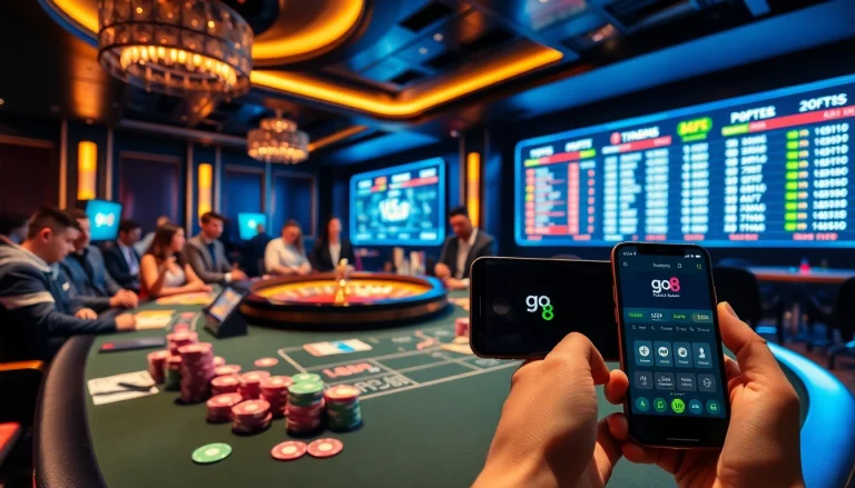 Players enjoying a thrilling game at go8 casino, showcasing vibrant chips and a roulette wheel.