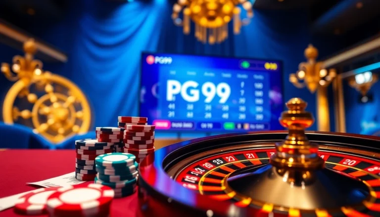 Experience the thrilling atmosphere of https://p9pg999.com/ with luxurious casino elements, poker chips, and a roulette wheel.