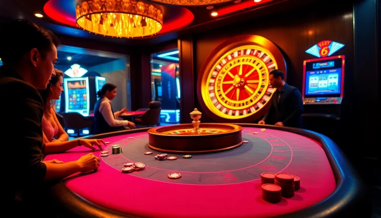 Players enjoying a thrilling game at a Netwin casino table, with vibrant chips and lights.