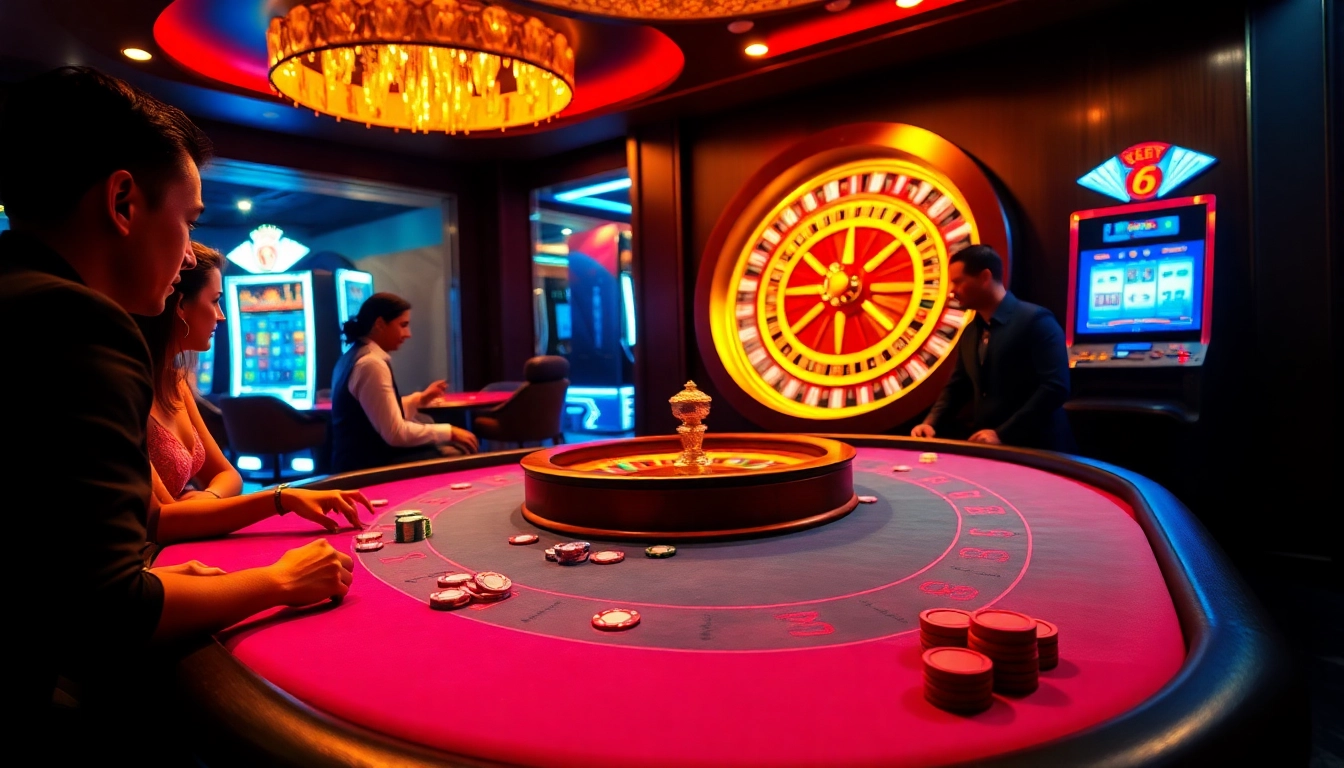 Players enjoying a thrilling game at a Netwin casino table, with vibrant chips and lights.
