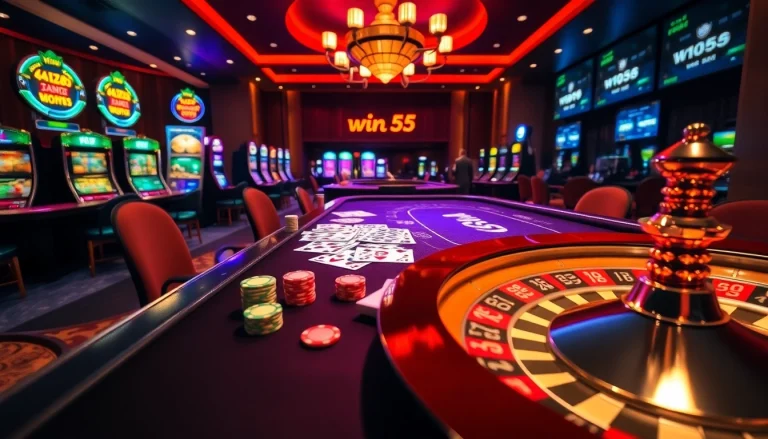 win55 engages players in a thrilling casino atmosphere with vibrant poker tables and exciting gameplay.