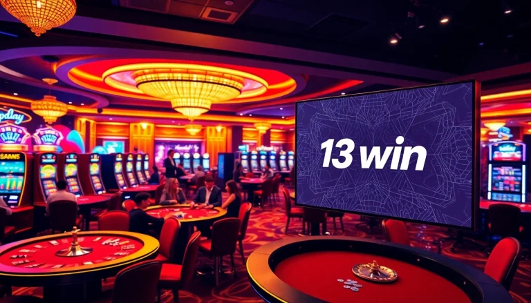 Players enjoying an exciting game at 13win casino with vibrant slot machines and poker tables.