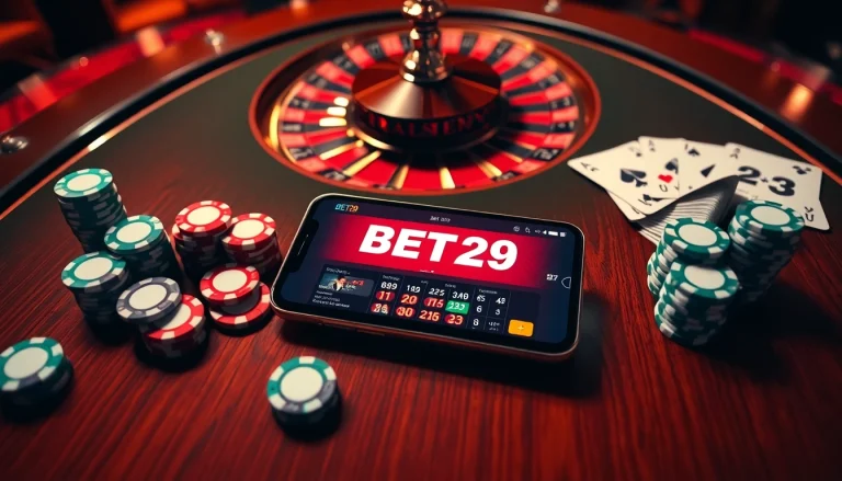 Experience the thrill of BET29 with vibrant casino visuals featuring poker, roulette, and betting excitement.