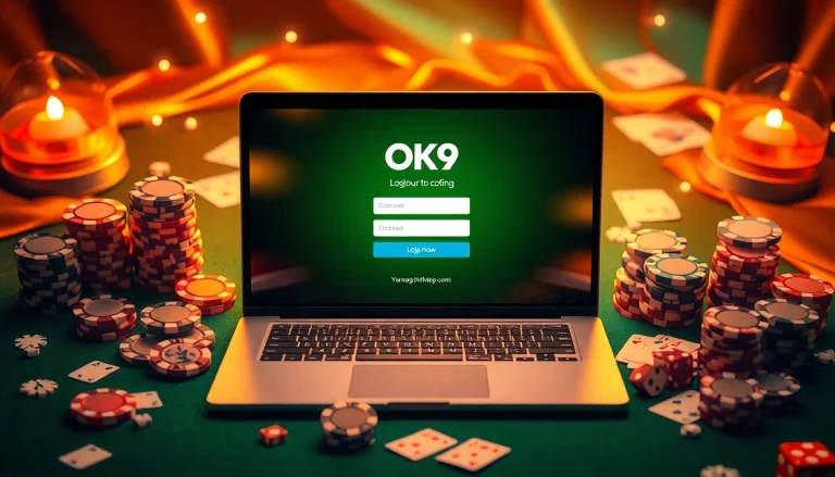 Engage in the thrilling experience of Đăng Nhập OK9 with a luxurious online casino setup featuring poker chips and a laptop.