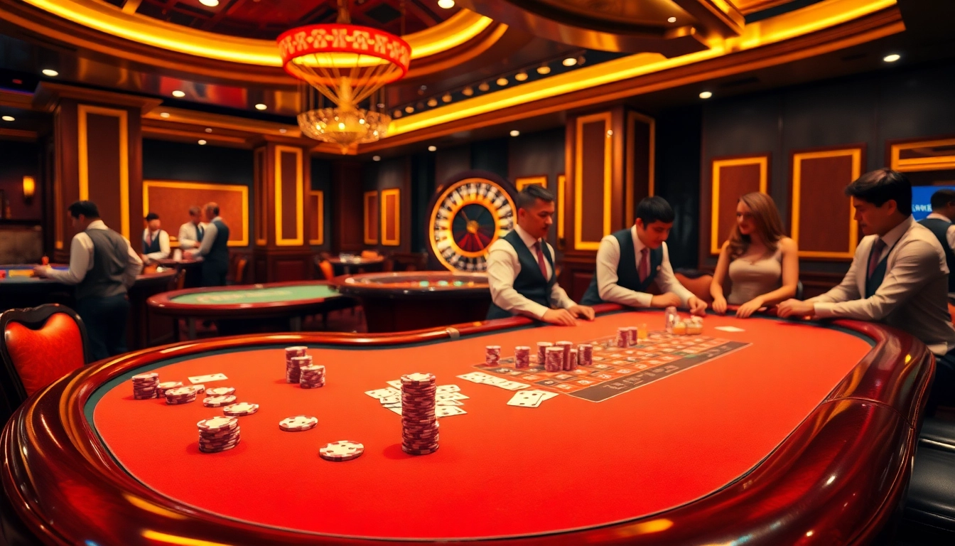 Engaged players test their luck at 7C77 casino's luxurious poker tables filled with vibrant chips.