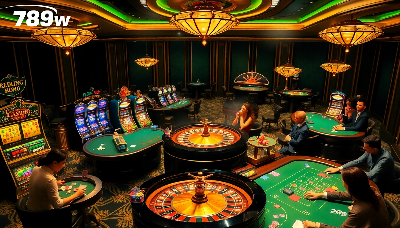Experience the thrill of gambling at 789win with vibrant casino tables and spinning roulette wheels.