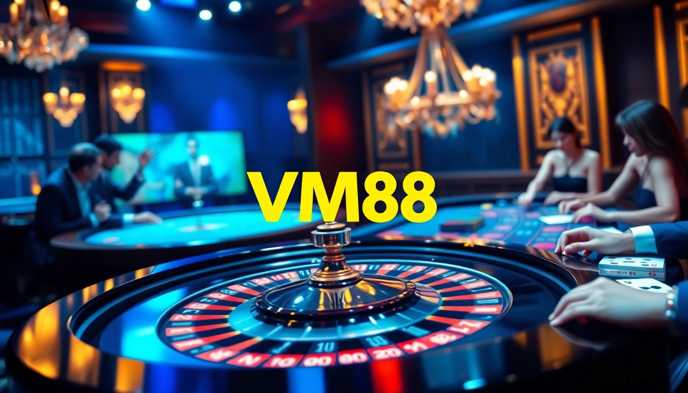 Experience the exciting gameplay at VM88 Casino, featuring stunning roulette and poker tables.