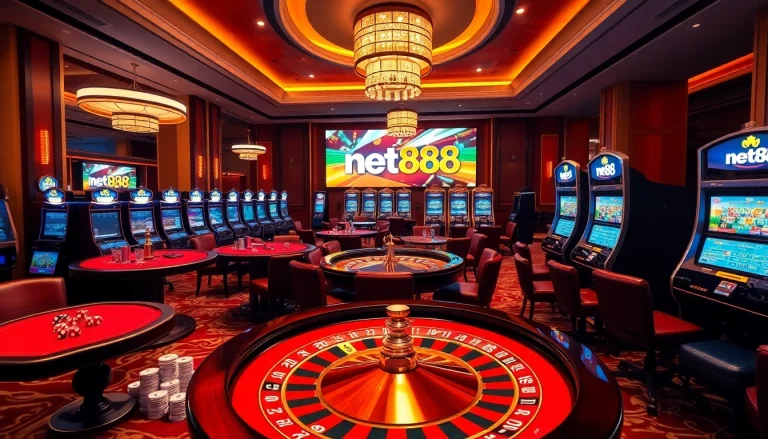 Experience thrilling gameplay at net88 with vibrant gambling tables and slot machines in a luxury setting.