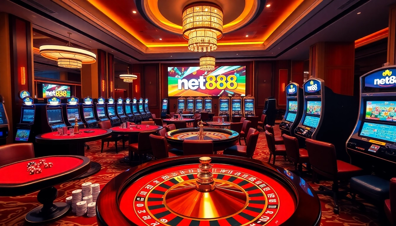 Experience thrilling gameplay at net88 with vibrant gambling tables and slot machines in a luxury setting.