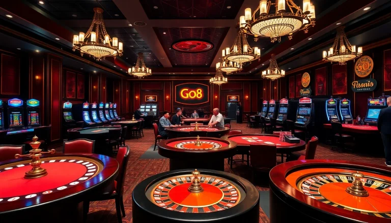 Experience the thrill of winning at go8 com's luxurious casino with vibrant games and crowded tables.
