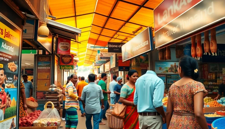 Lanka Add marketplace scene showcasing vibrant ads and local interaction, capturing the essence of community.