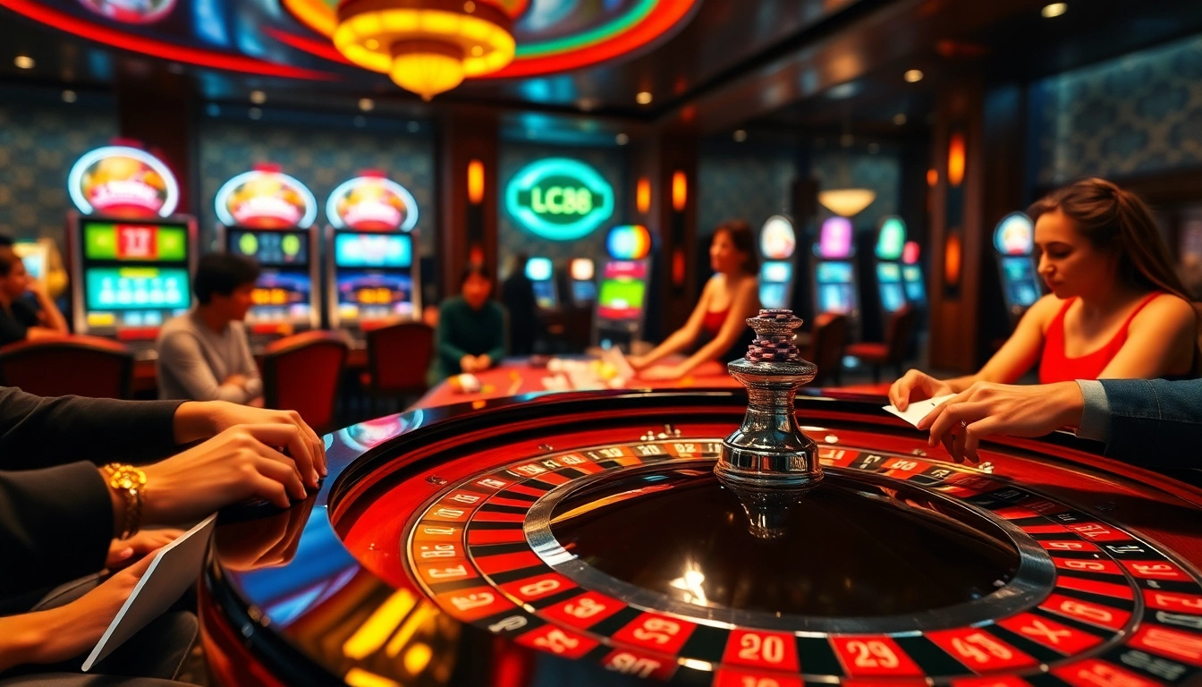 Excited players at the LC 88 roulette table, showcasing the thrill of gambling in a luxurious casino.