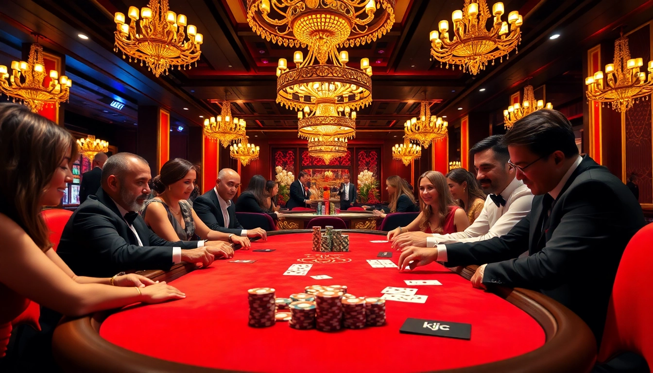 KJC logo prominently featured on colorful poker chips as players engage in a high-stakes game in a luxurious casino.