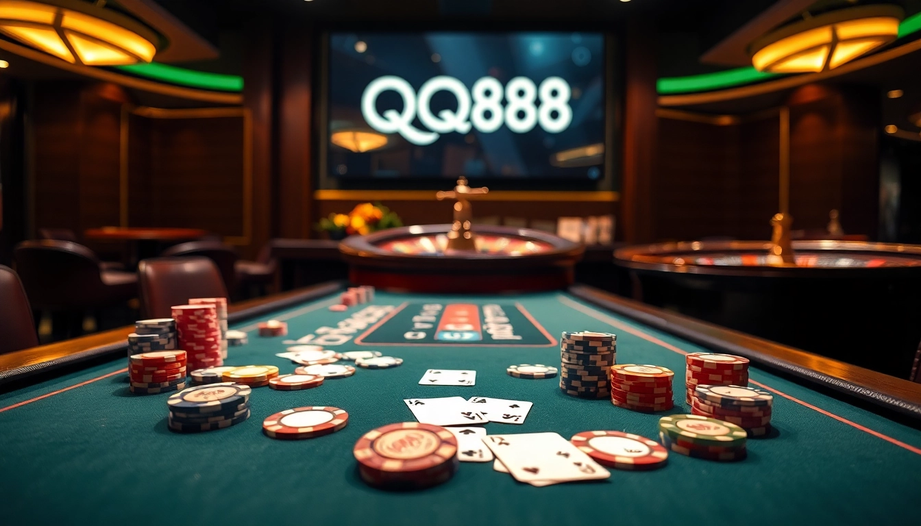 Experience the thrill of QQ88 at a vibrant poker table with luxury chips and cards.