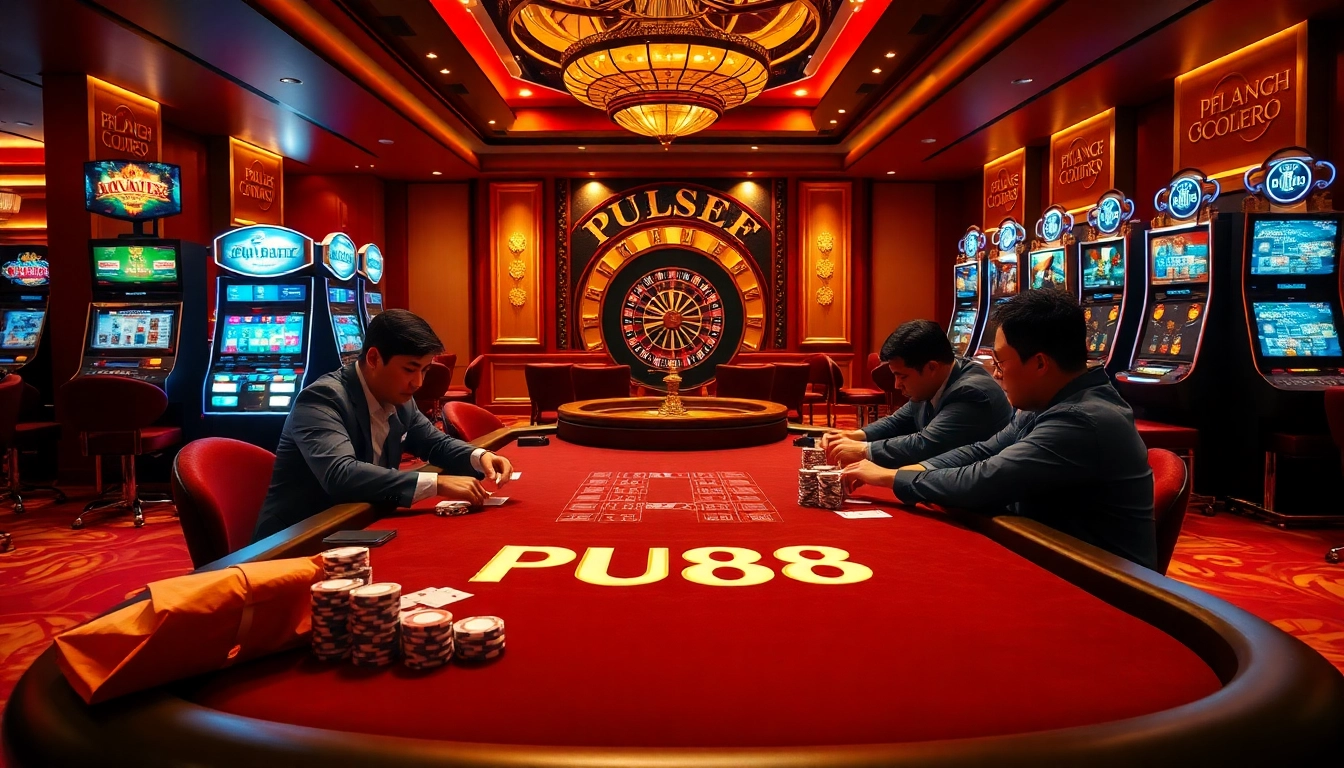 Players engaging in high-stakes poker at the luxurious PU88 casino table.