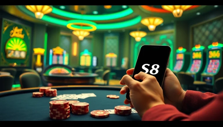 S8 gaming experience featuring vibrant casino tables and a mobile interface.