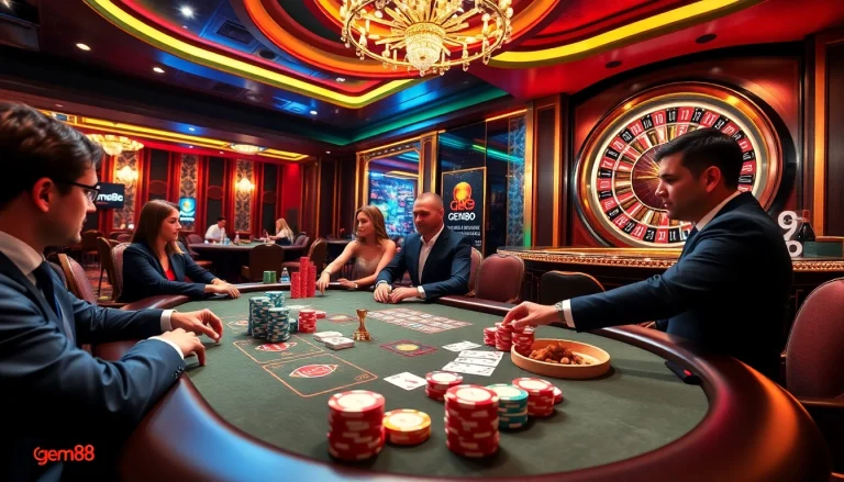 Gamble with excitement at gem88's luxurious casino tables featuring poker and roulette games.