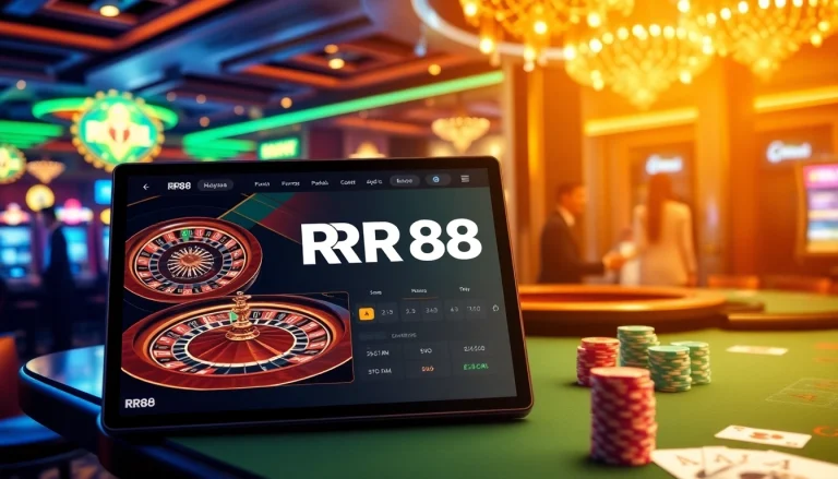 RR88 casino scene showcasing an exciting online gambling interface with vibrant tables and slot machines.
