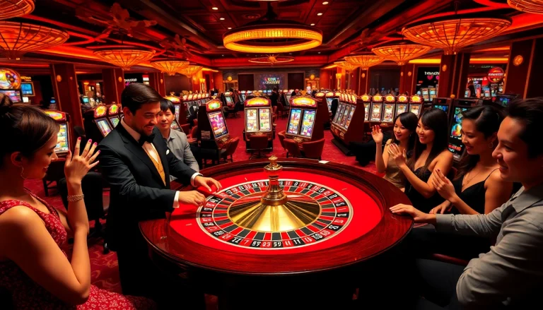 Experience thrilling bets at the vibrant casino scene featured at https://cm88.info/, showcasing a luxurious roulette table.