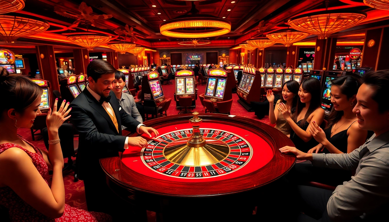 Experience thrilling bets at the vibrant casino scene featured at https://cm88.info/, showcasing a luxurious roulette table.