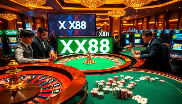 Experience the excitement of gambling with XX88 at a vibrant casino table featuring roulette, cards, and chips.