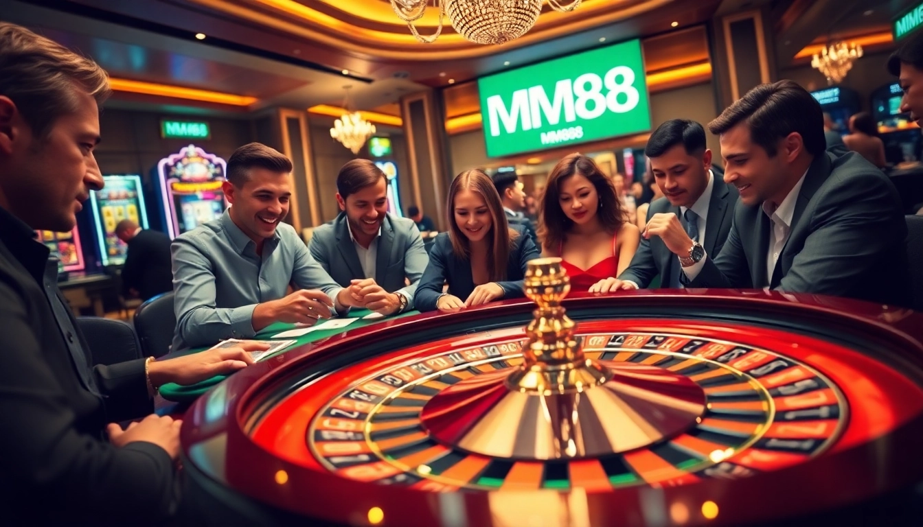 Players enjoying a thrilling roulette game at MM88 casino, showcasing excitement and strategy.