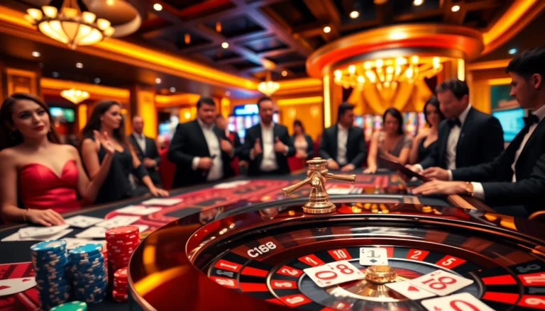 C168 branded casino players engaging at a vibrant poker table with luxury decor.