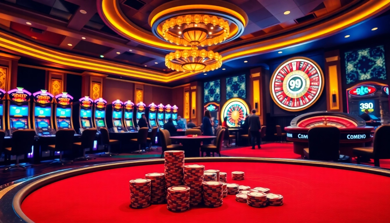 Engaged players enjoying a high-stakes game at 9bet casino tables filled with vibrant chips and cards.