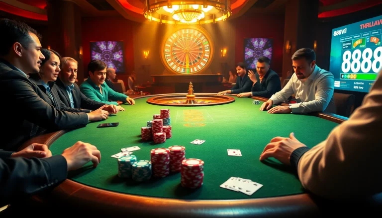 Exciting casino action at 888VI with players at a poker table and roulette wheel.