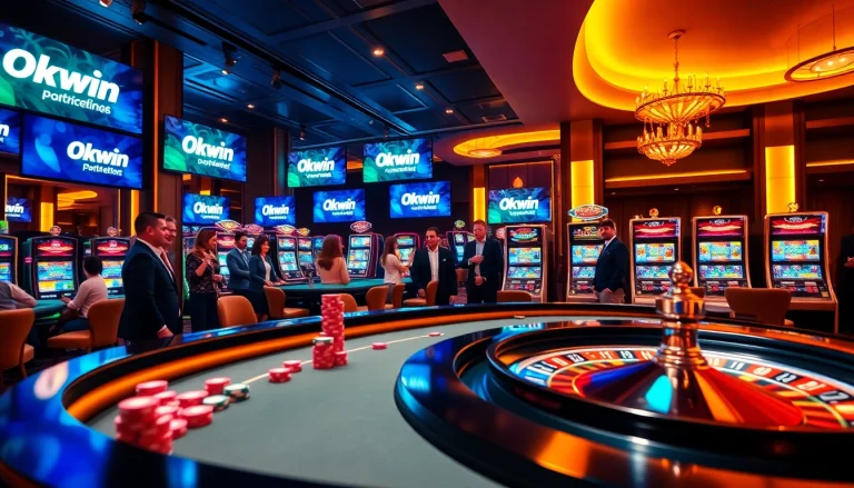 Okwin vibrant online gambling scene with roulette, poker chips, and excited players.