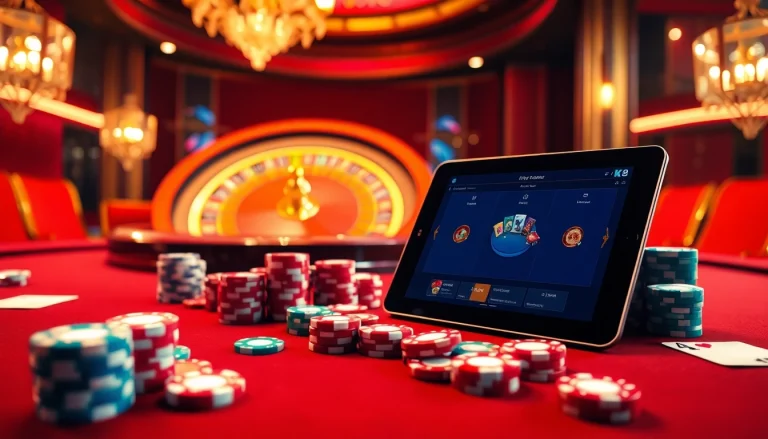 Experience the thrill of online gambling with MK8 as you play at a luxurious casino table featuring poker chips and a roulette wheel.
