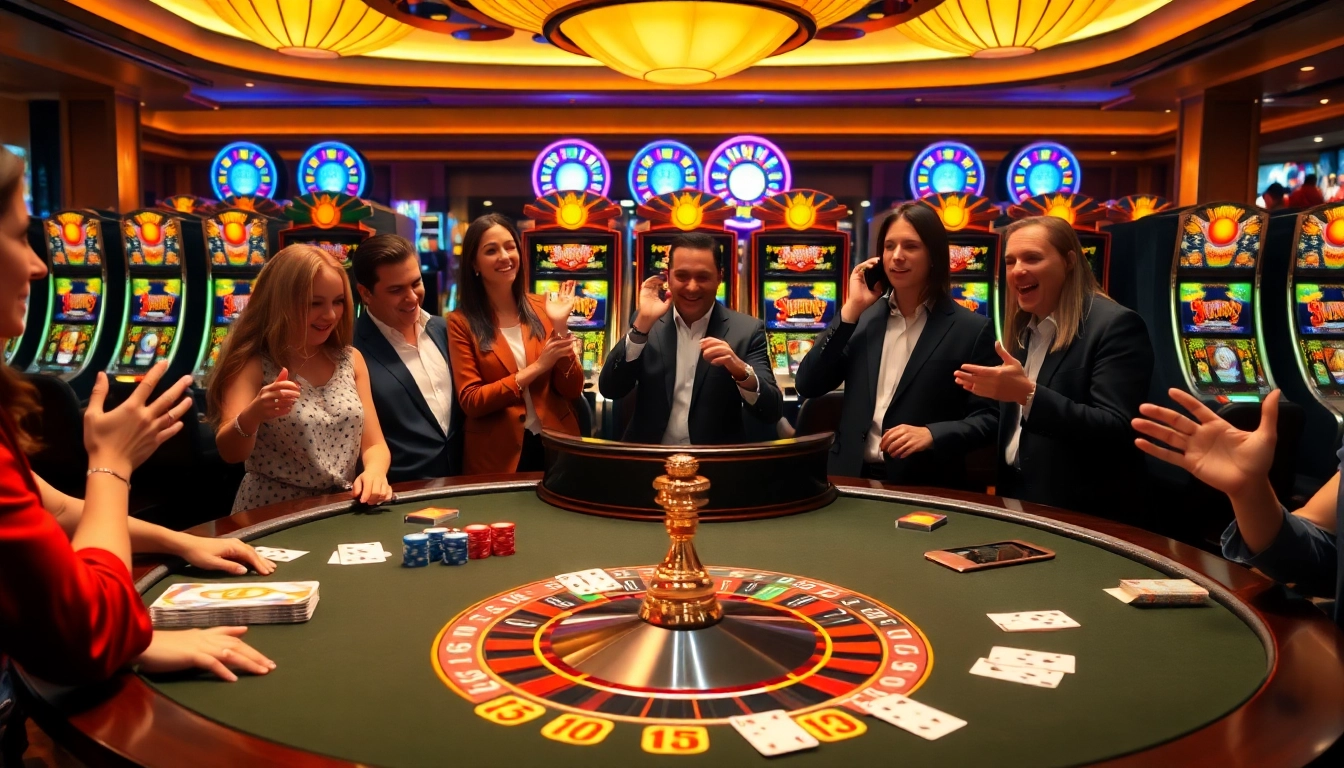 Experience the thrill of the Sunwin casino with vibrant gaming tables and excited players.