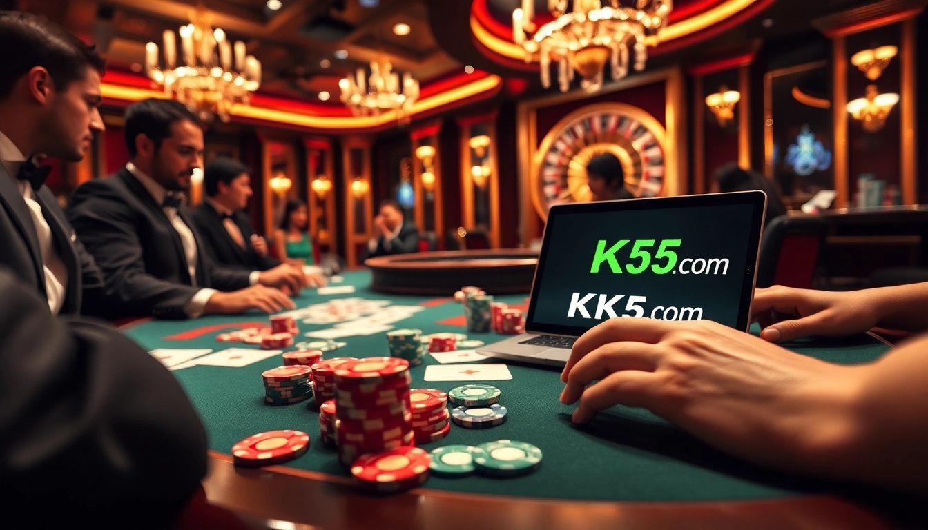 Experience the thrill of poker at KK55.com, featuring vibrant chips and elegant gameplay.