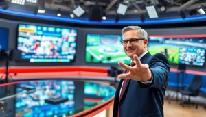 Engaging sports broadcasting anchor presenting live events in a professional studio.